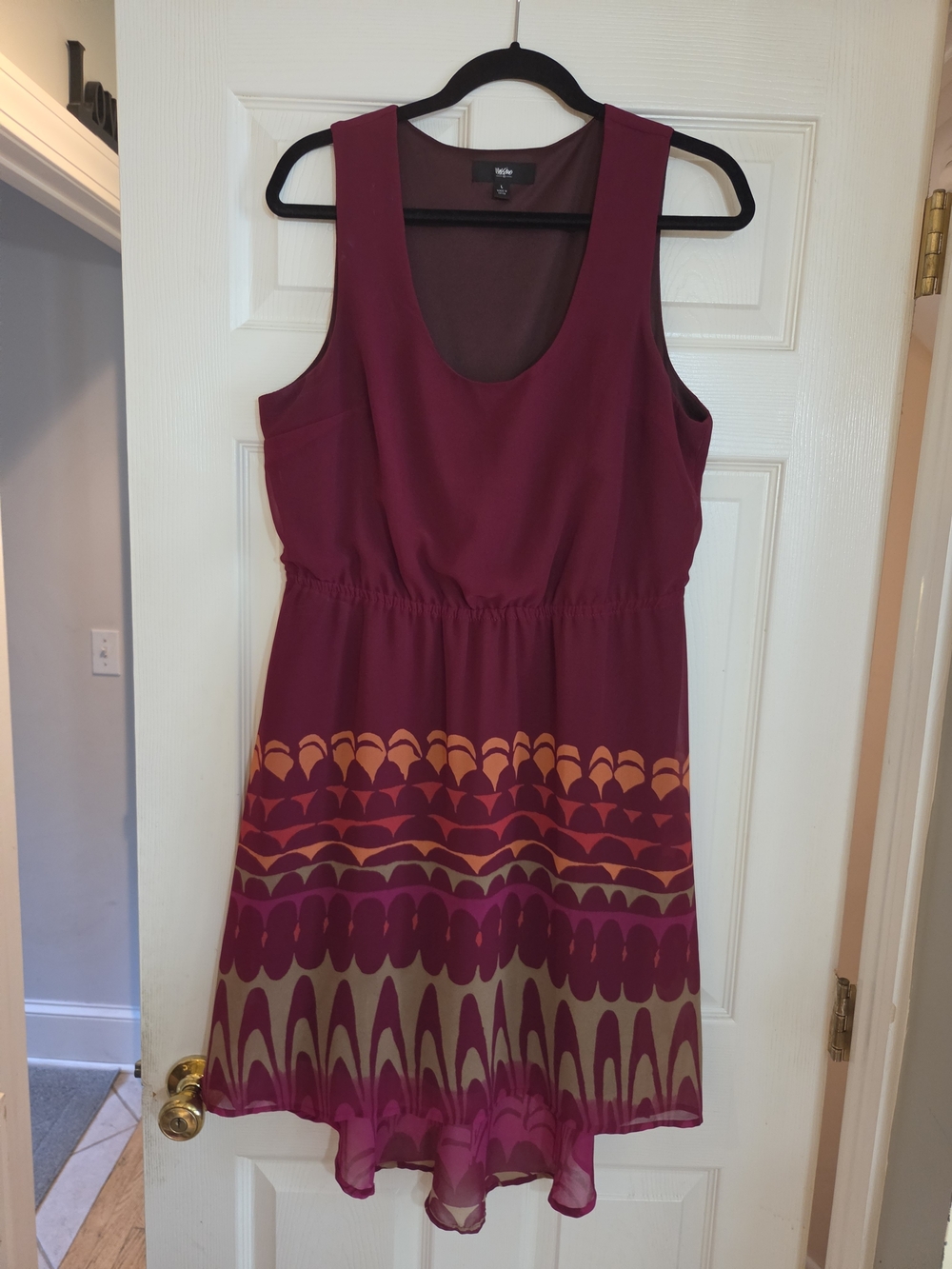 Massimo Burgundy Scoop-Neck Mini Dress with Multicolor Printed Hem